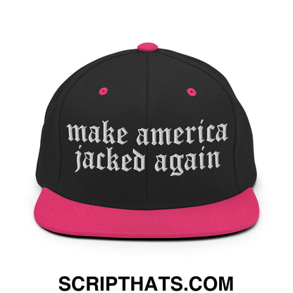 Make America Jacked Again Old English Embroidered Flat Bill Brim Snapback Hat Black Neon Pink