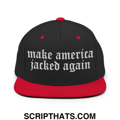 Make America Jacked Again Old English Embroidered Flat Bill Brim Snapback Hat Black Red