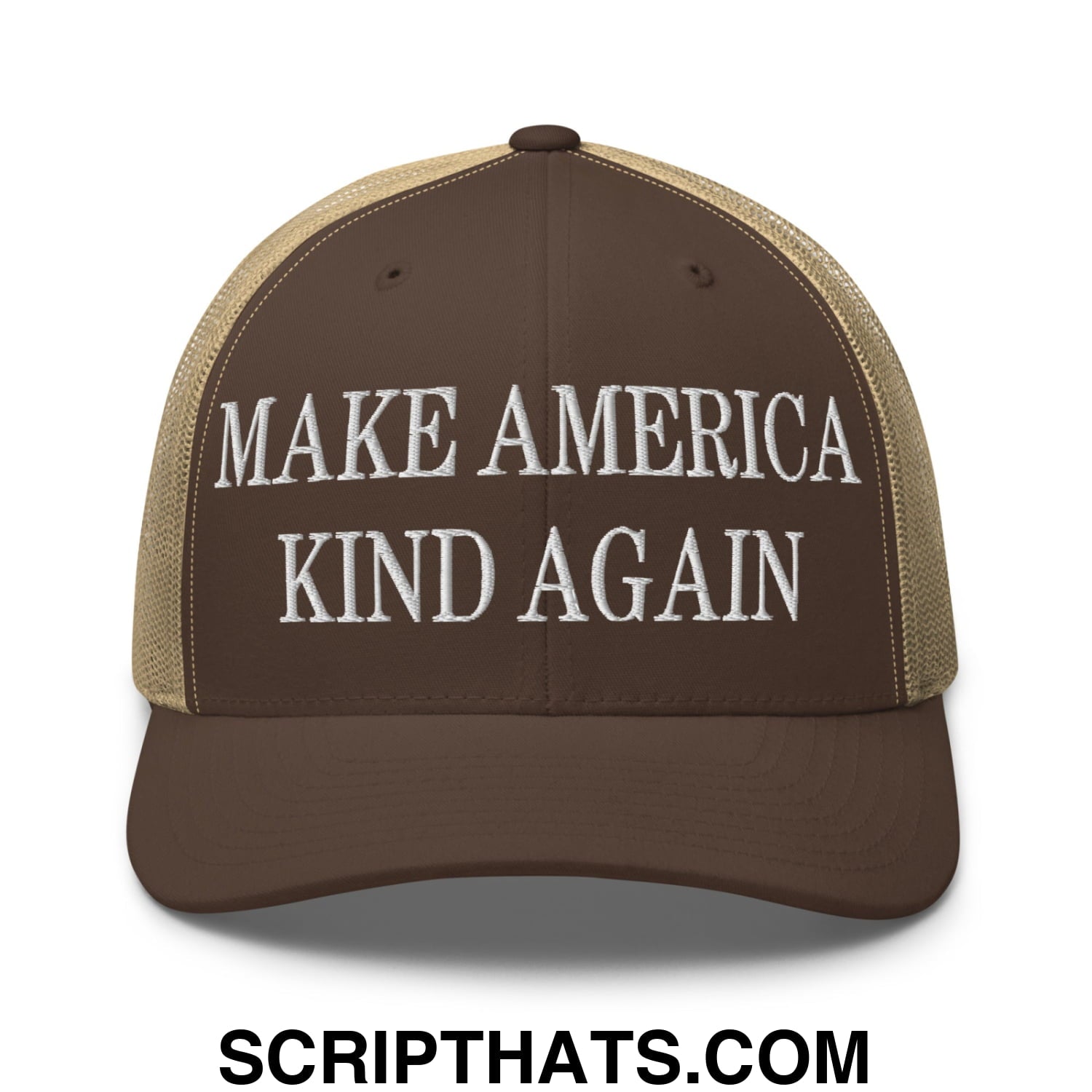 Make America Kind Again Embroidered Mesh Trucker Hat Brown Khaki