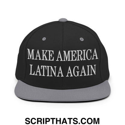 Black snapback hat with gray flat bill and white embroidered text reading make America Latina again