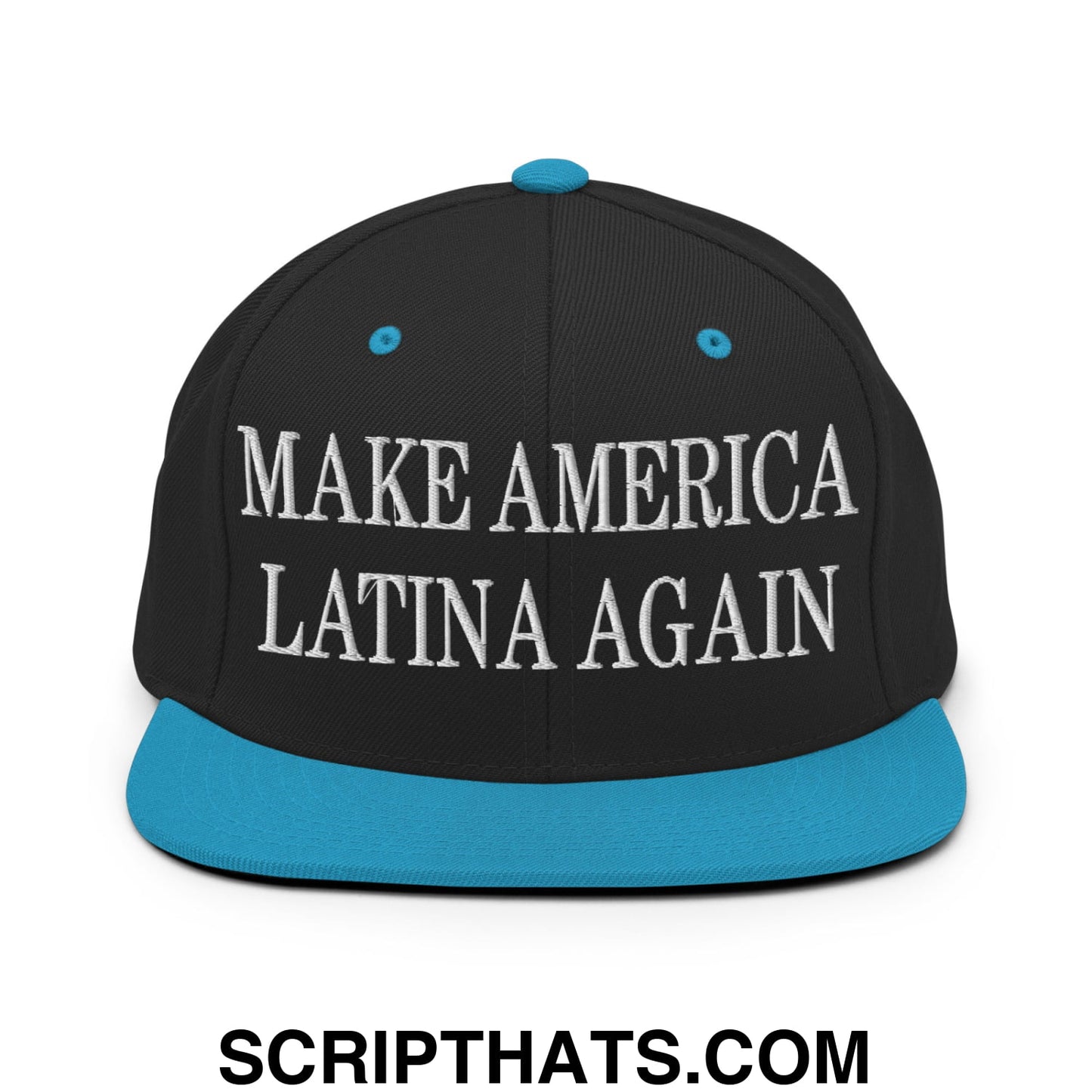 Black snapback hat with turquoise brim and button featuring white embroidered make america latina again text