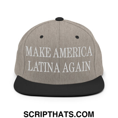 Gray snapback hat with a black flat bill brim and embroidered white text reading make america latina again