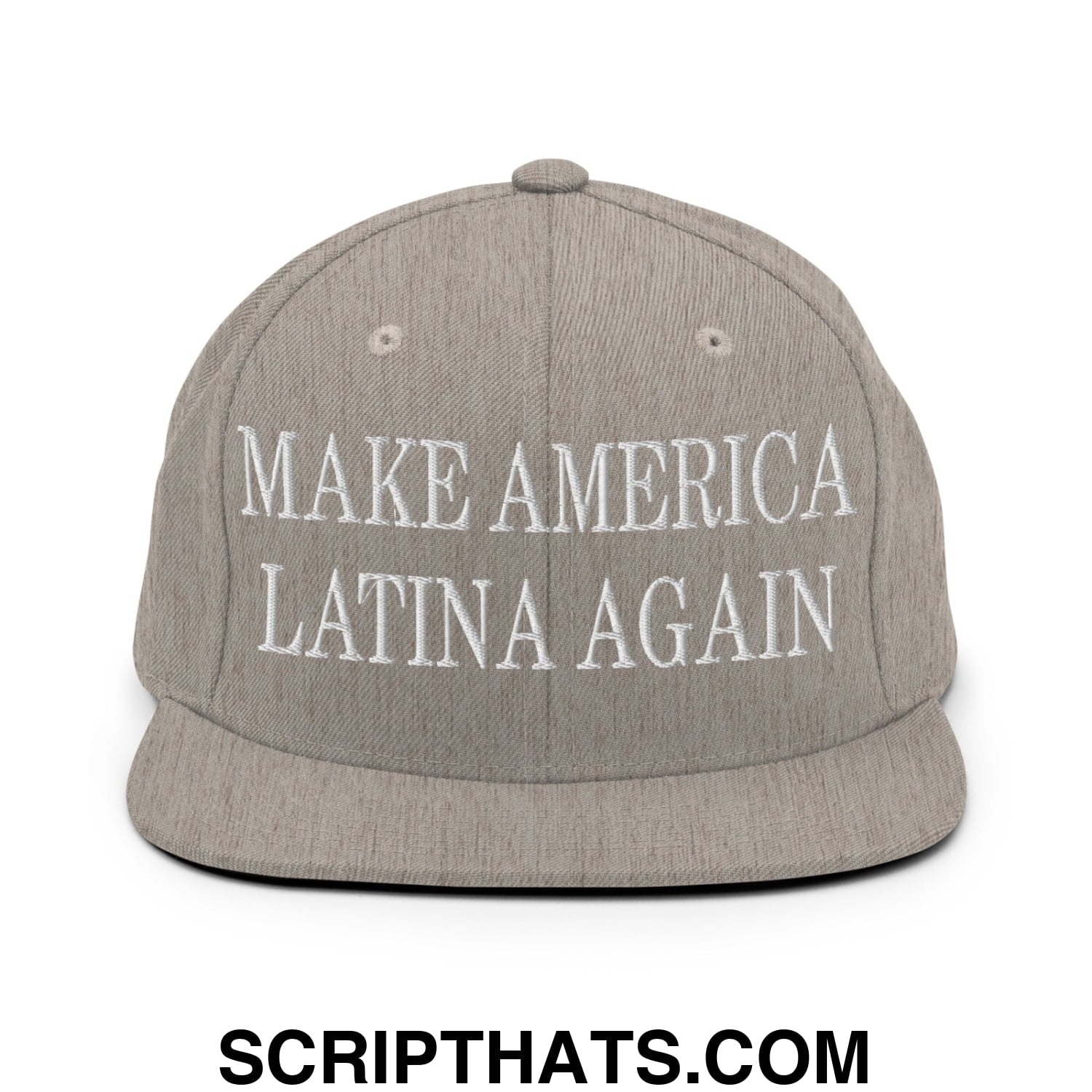 Gray snapback hat with white embroidered text reading make america latina again flat bill brim style