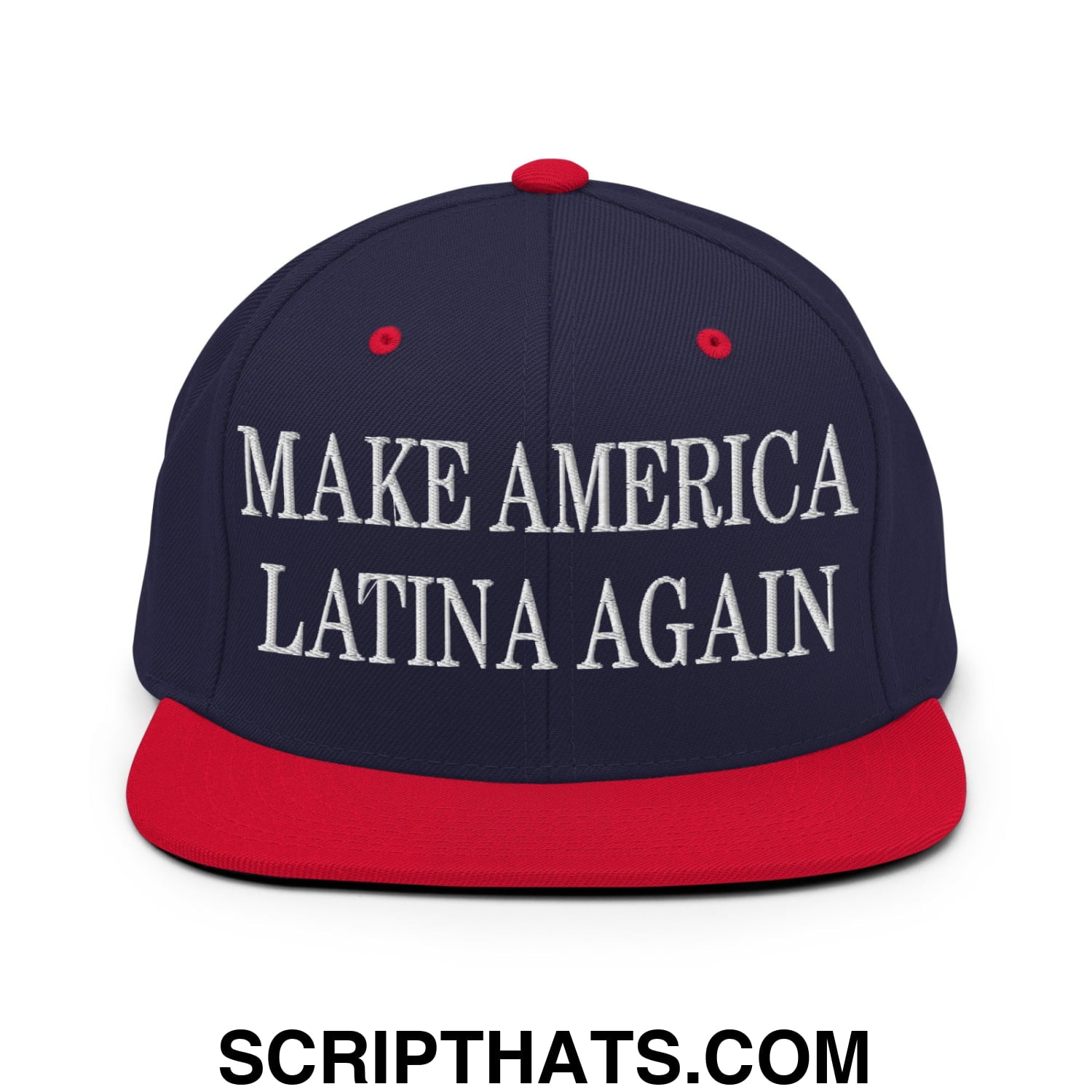 Navy blue and red snapback cap with white embroidered make america latina again flat bill brim design