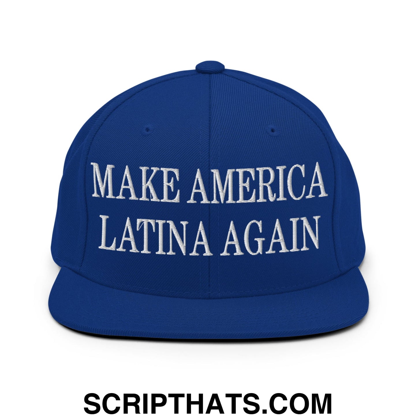Royal blue flat bill snapback hat with white embroidered make america latina again text in a cotton blend material