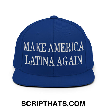 Royal blue flat bill snapback hat with white embroidered make america latina again text in a cotton blend material