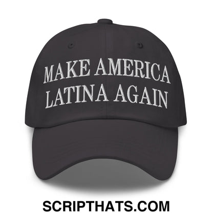 Black embroidered unstructured dad hat with white make america latina again text for casual wear