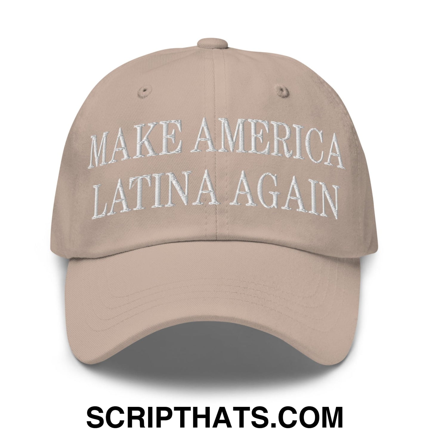 Beige unstructured dad hat with white embroidered text reading make america latina again