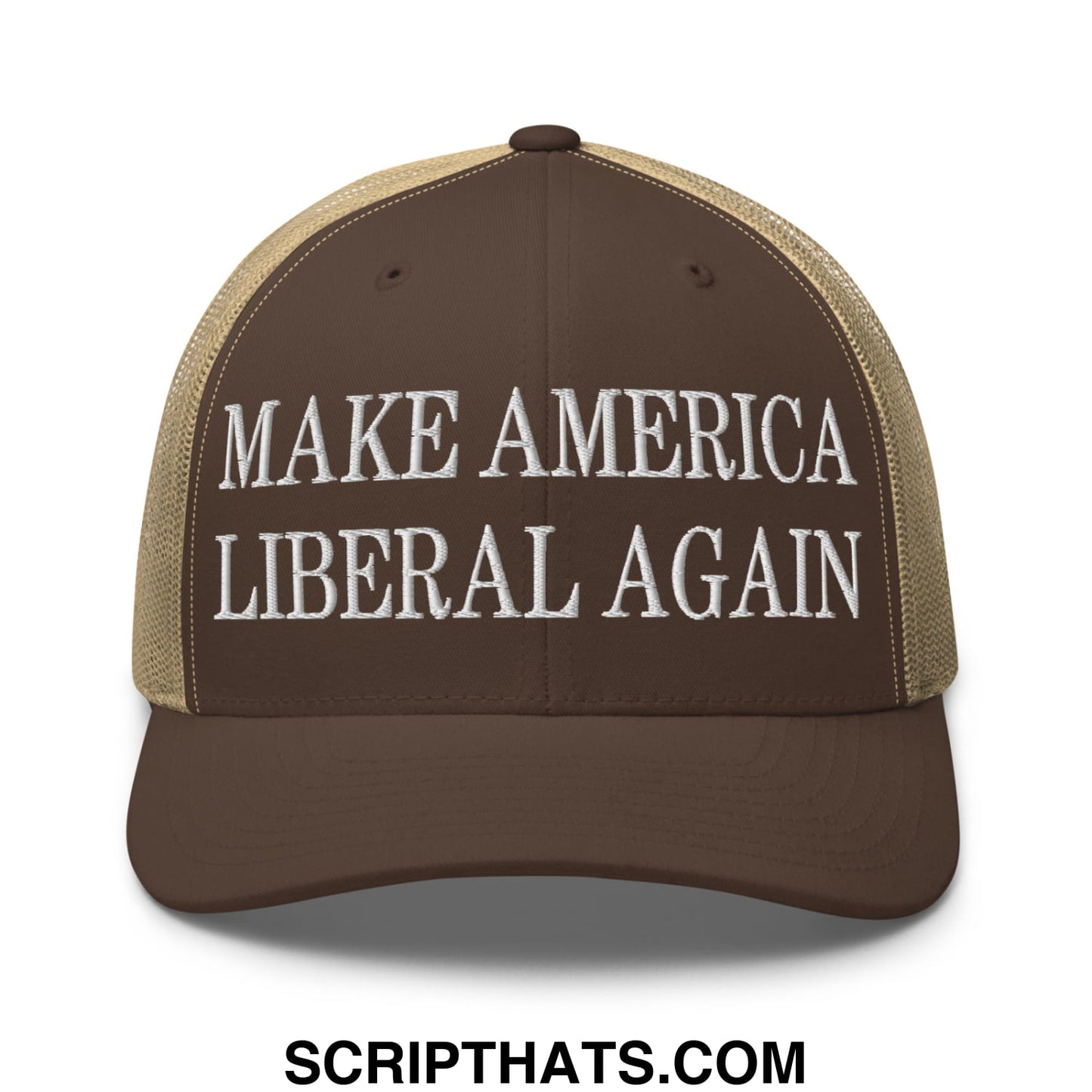 Make America Liberal Again Embroidered Mesh Trucker Hat Brown Khaki