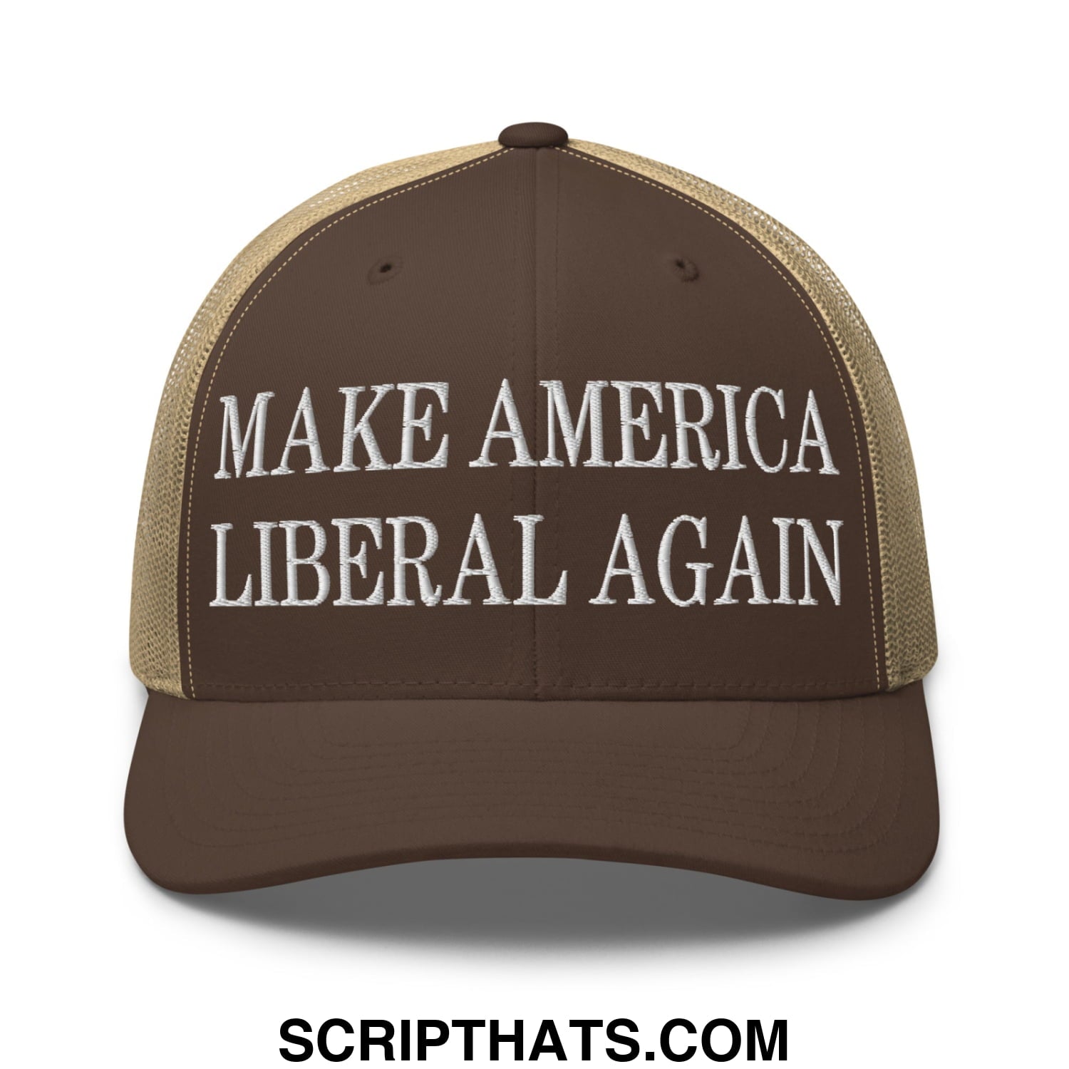Make America Liberal Again Embroidered Mesh Trucker Hat Brown Khaki