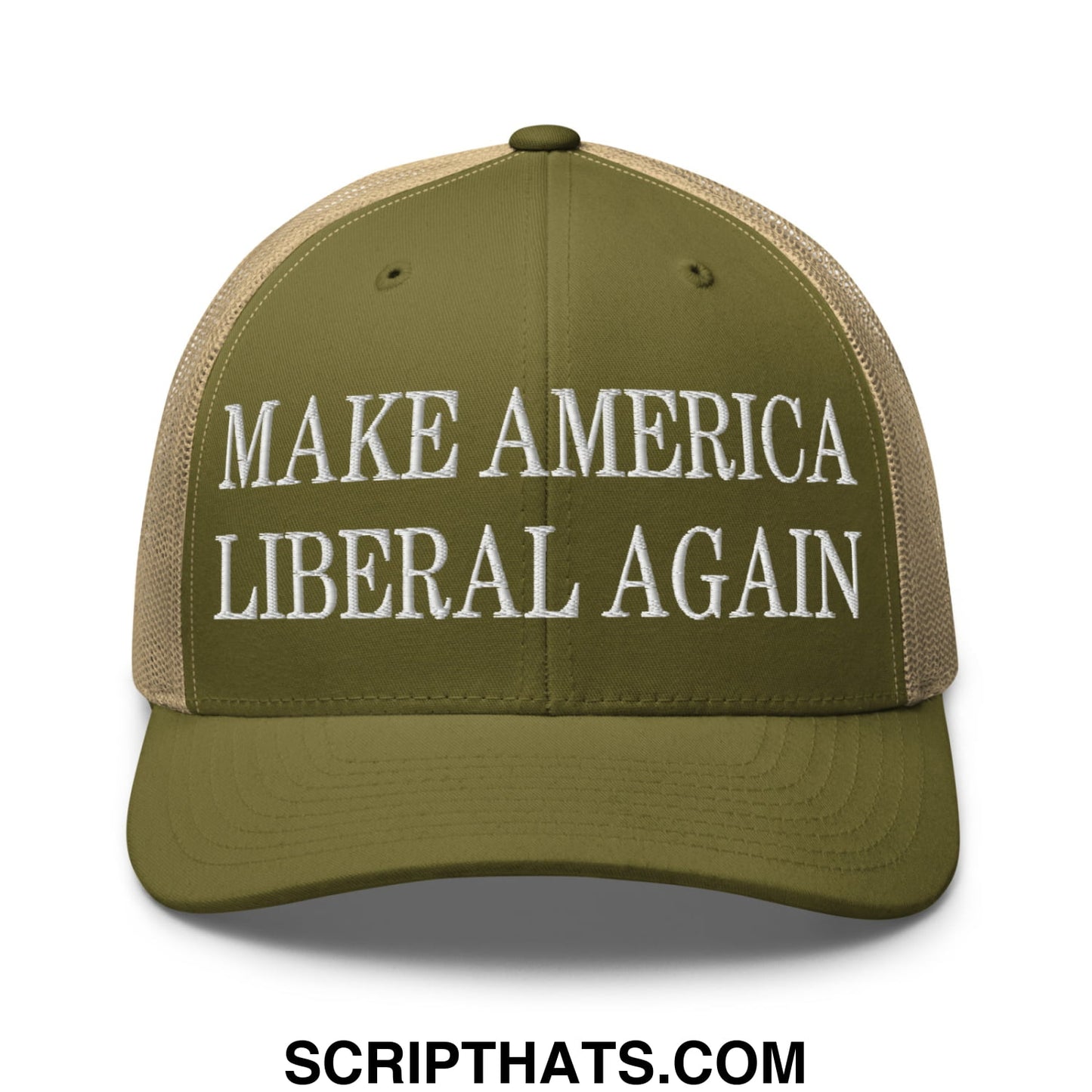 Make America Liberal Again Embroidered Mesh Trucker Hat Moss Khaki