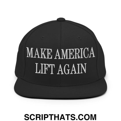 Black snapback hat with white embroidered make america lift again text and flat bill brim for casual wear