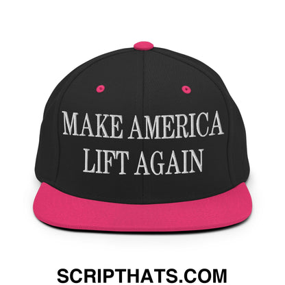 Black snapback cap with vibrant pink brim and button, white embroidered make america lift again text on front