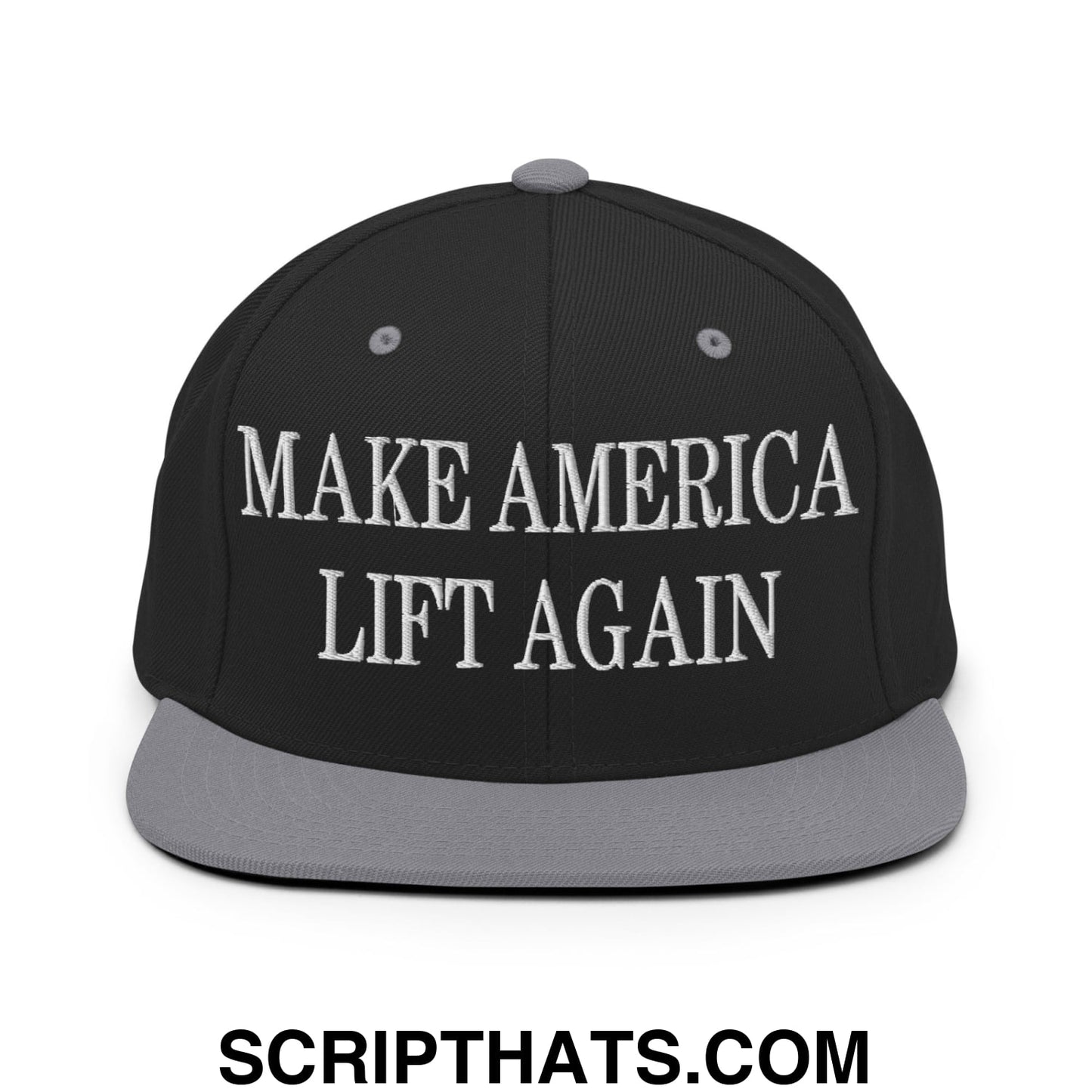 Black snapback cap with gray brim and white embroidered make america lift again text on front panel