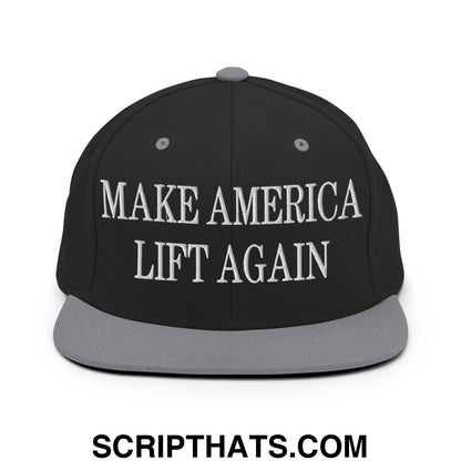 Black snapback cap with gray brim and white embroidered make america lift again text on front panel
