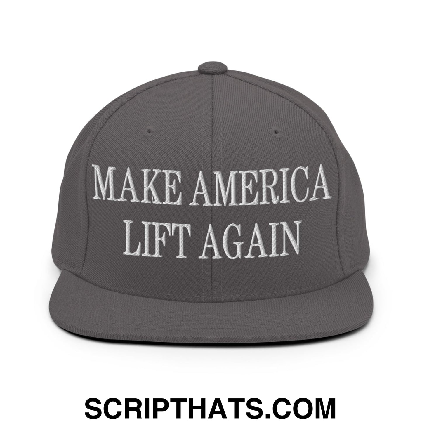 Gray flat bill snapback hat with white embroidered make america lift again text for casual and gym wear