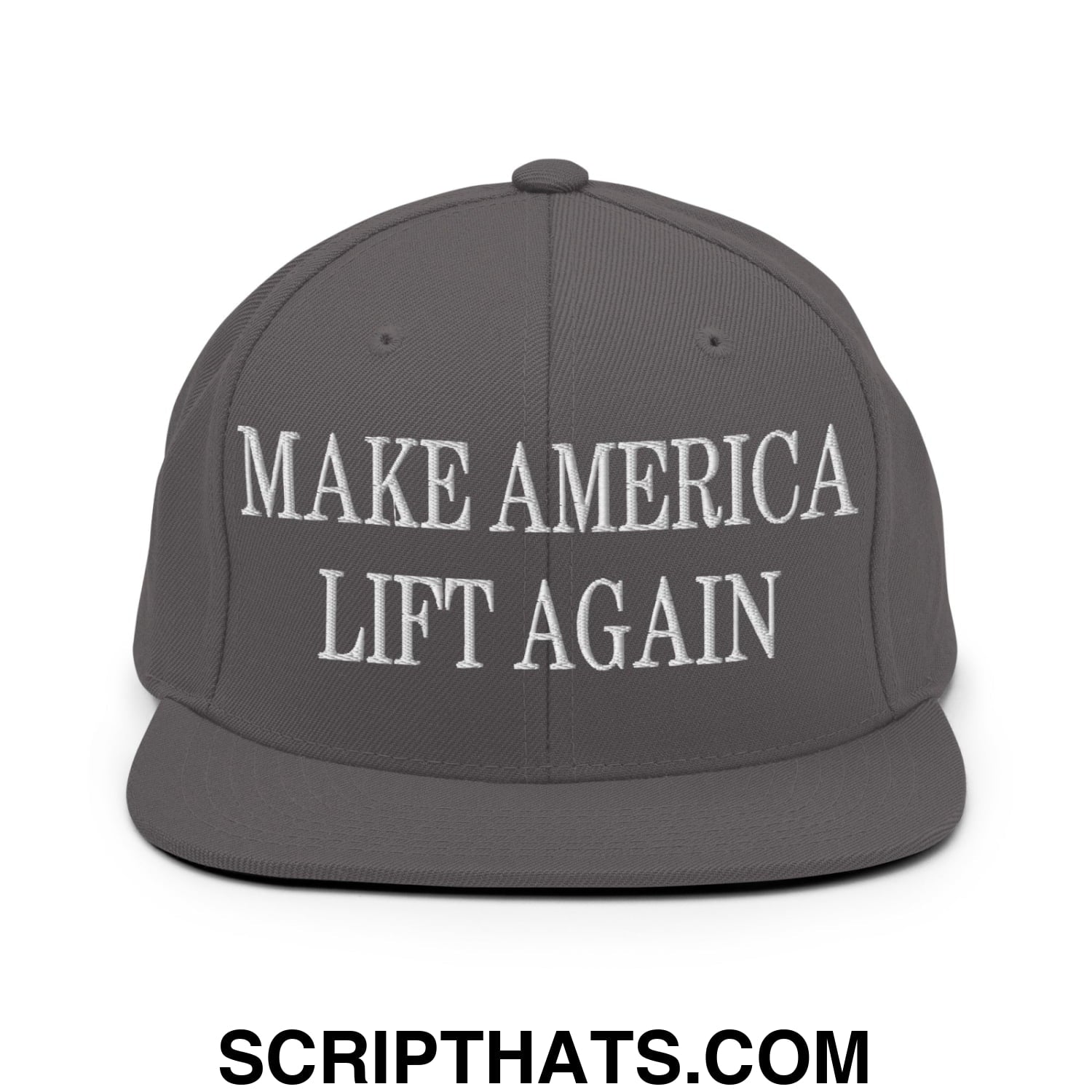 Gray flat bill snapback hat with white embroidered make america lift again text for casual and gym wear