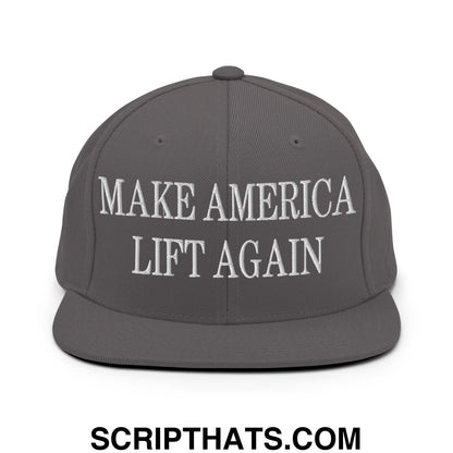 Gray flat bill snapback hat with white embroidered make america lift again text for casual and gym wear