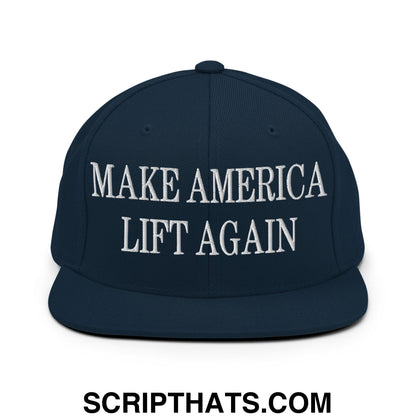 Navy blue snapback hat with white embroidered make america lift again text and flat bill brim design