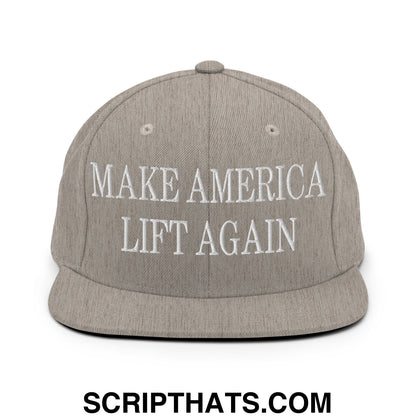 Gray snapback hat with white embroidered make america lift again text and flat bill brim design