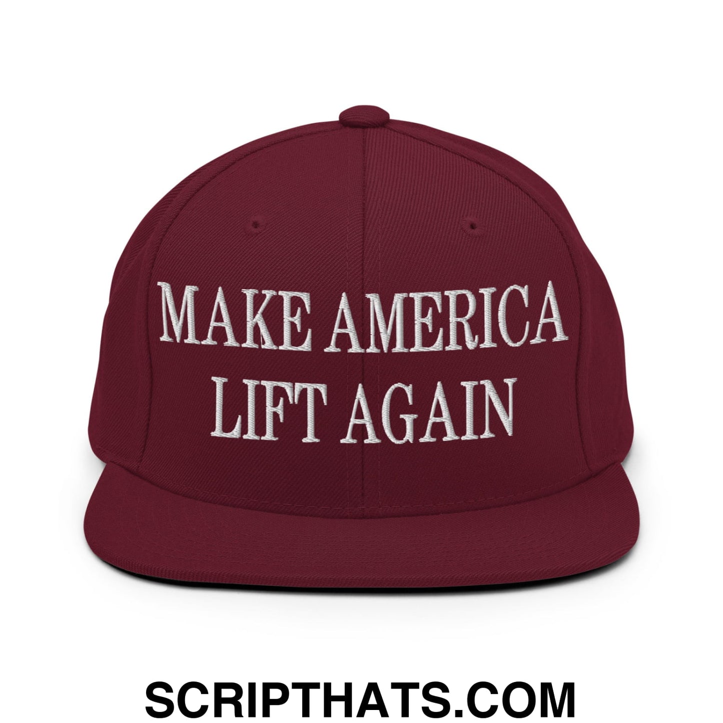 Maroon snapback hat with white embroidered make america lift again text and flat bill brim for casual wear