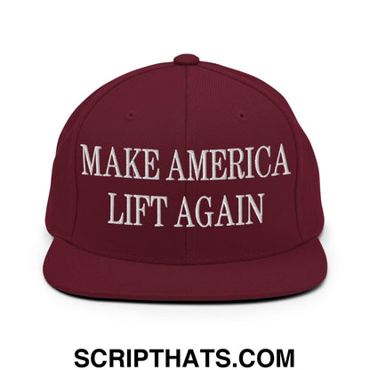 Maroon snapback hat with white embroidered make america lift again text and flat bill brim for casual wear