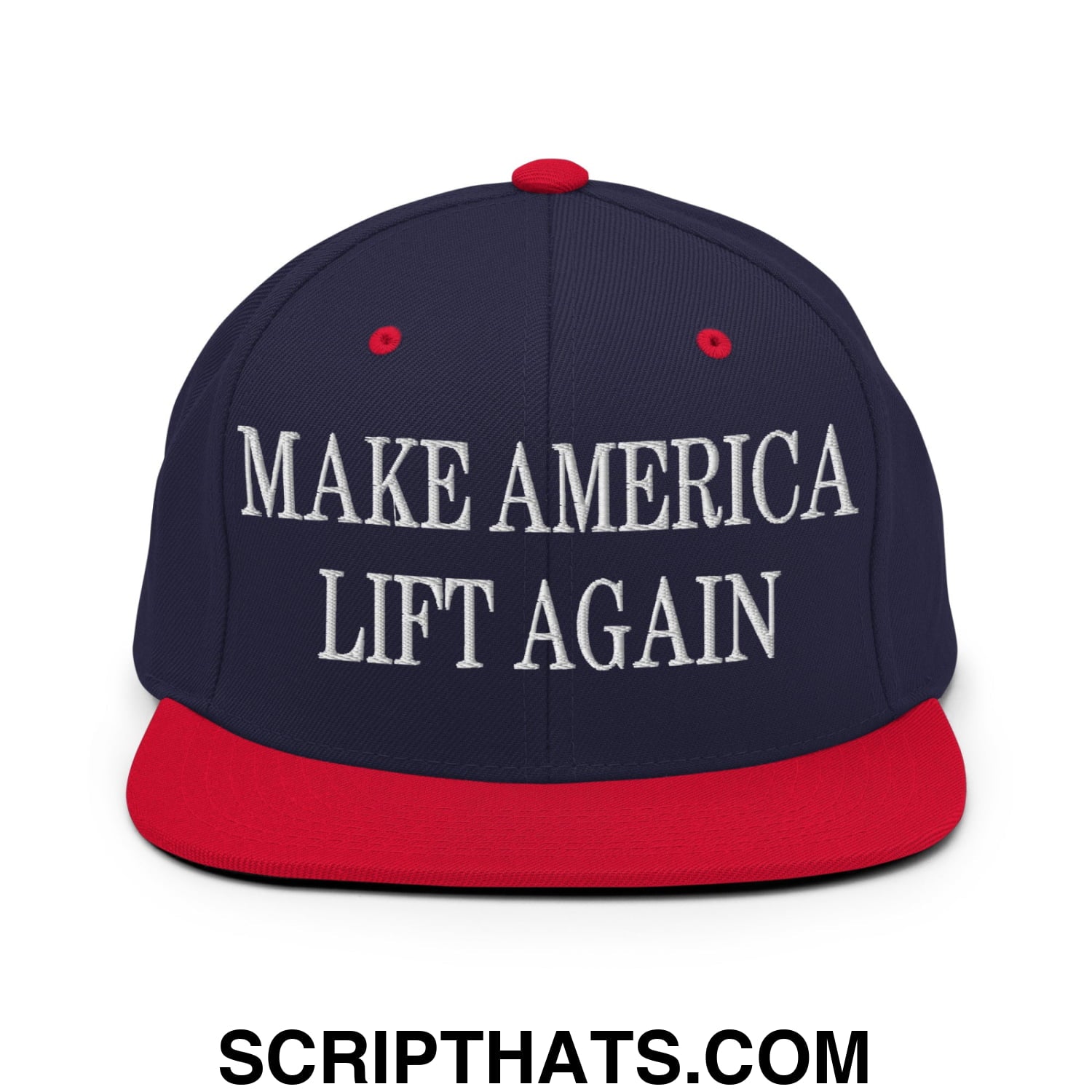 Navy blue snapback hat with red brim and white embroidered make america lift again text on flat bill brim design