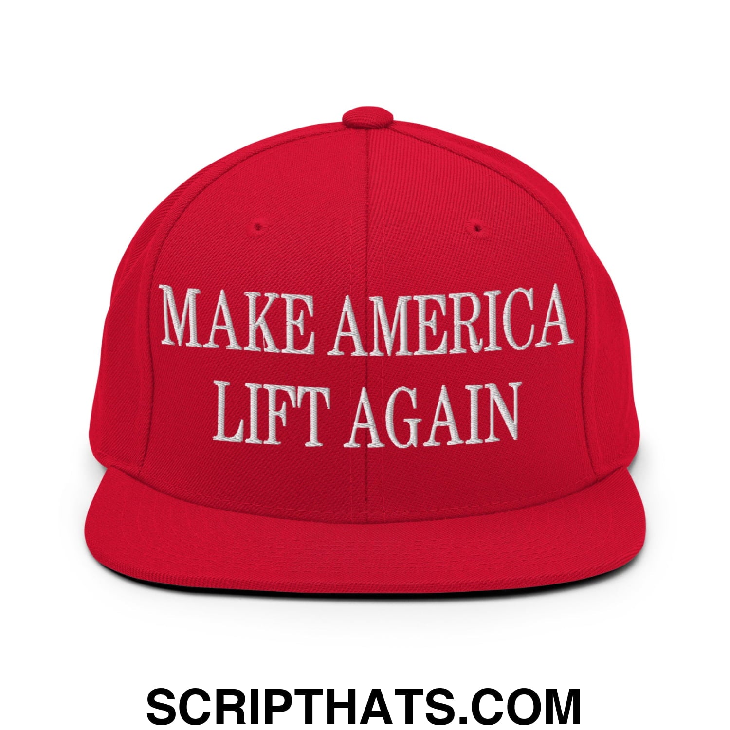 Red snapback cap with white embroidered make america lift again text and flat bill brim for casual wear