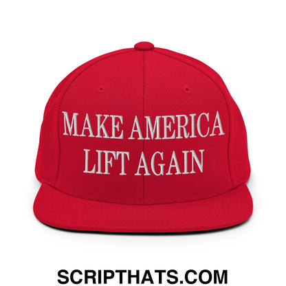 Red snapback cap with white embroidered make america lift again text and flat bill brim for casual wear