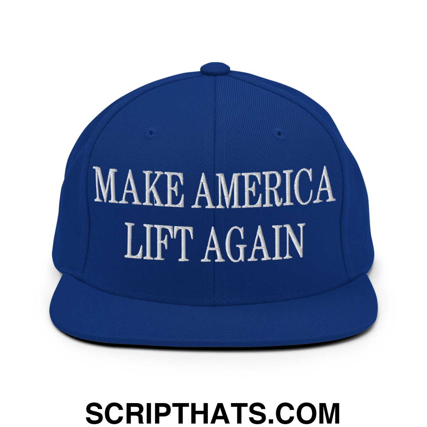 Royal blue snapback cap with white embroidered make america lift again text and flat bill brim design