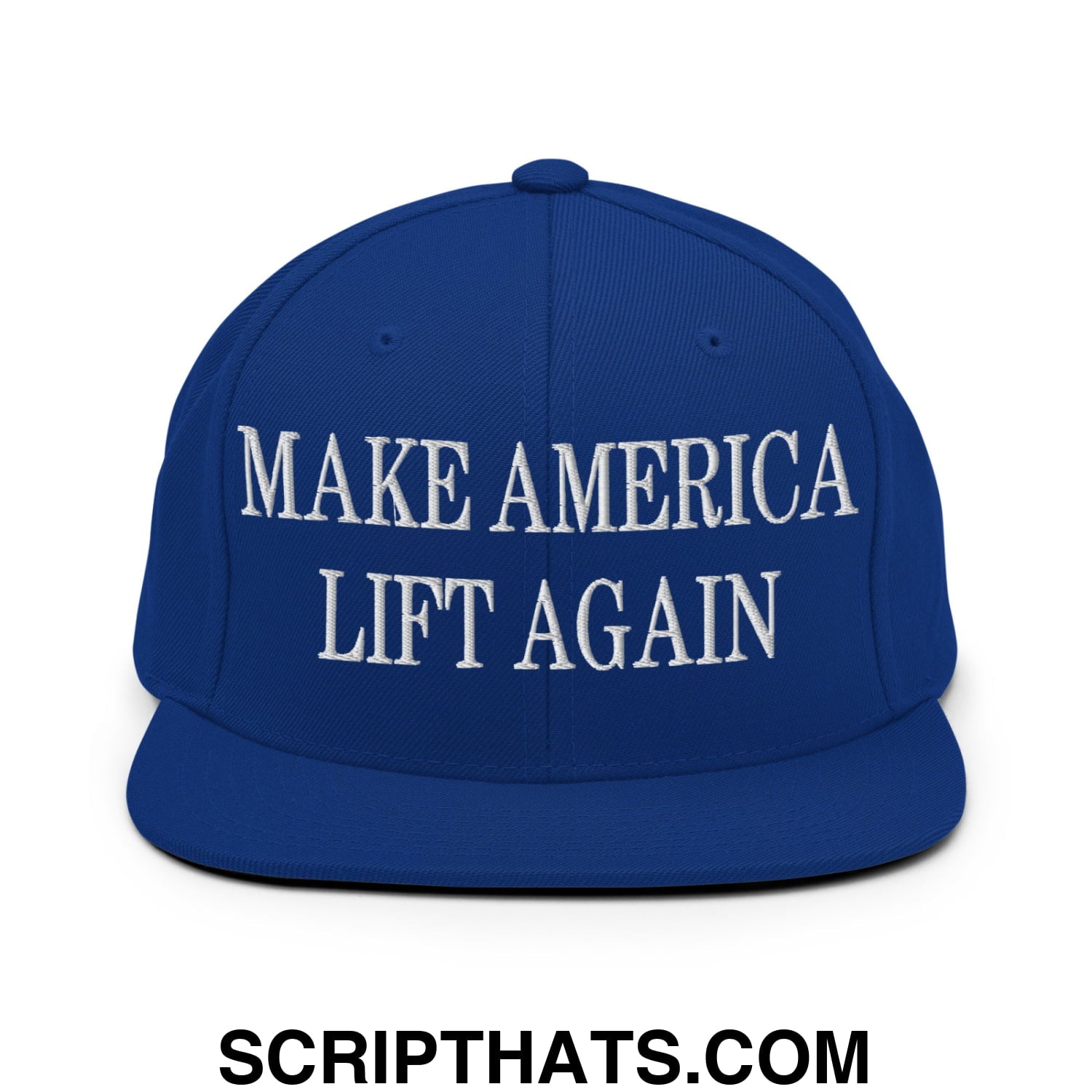 Royal blue snapback cap with white embroidered make america lift again text and flat bill brim design