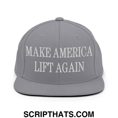 Gray snapback hat with white embroidered make america lift again text and flat bill brim for casual wear