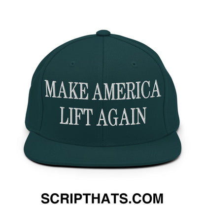 Dark green snapback cap with white embroidered make america lift again text and flat bill brim design
