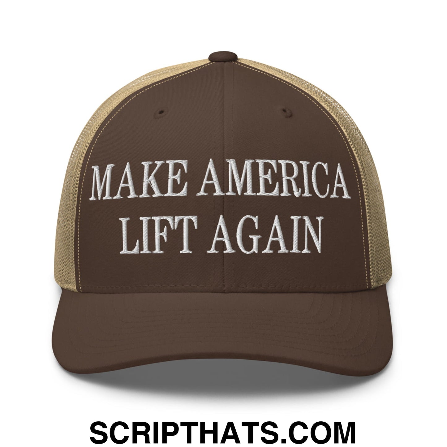 Brown and beige mesh trucker hat with white embroidered text make america lift again for casual wear