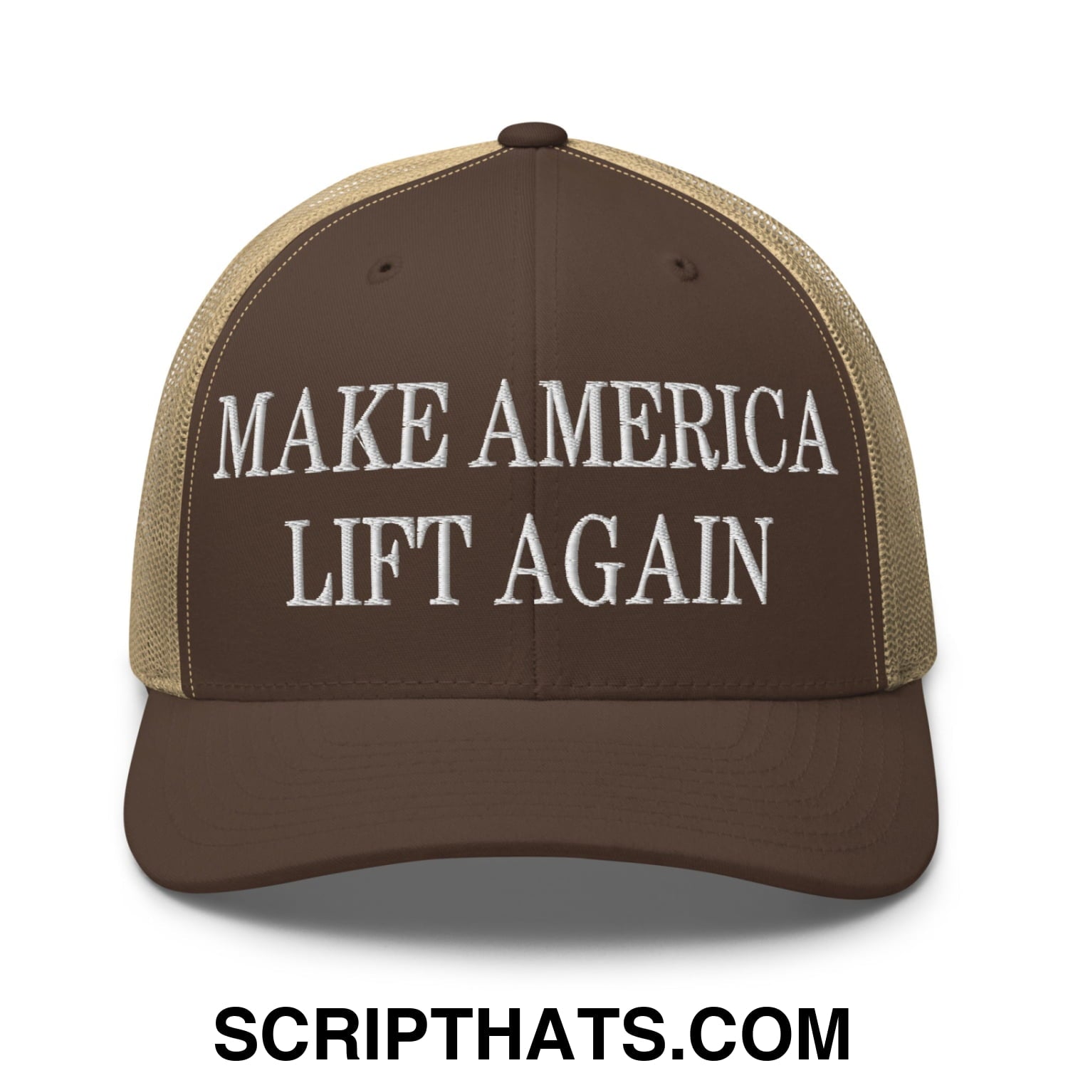 Brown and beige mesh trucker hat with white embroidered text make america lift again for casual wear