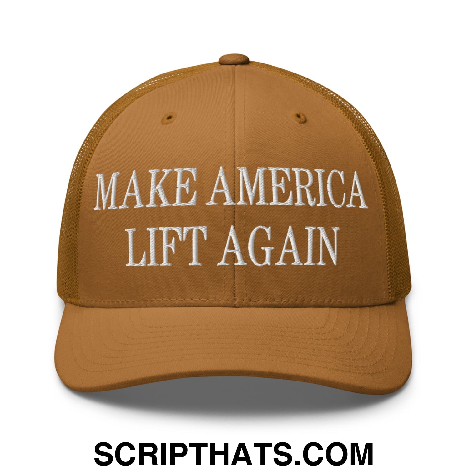 Tan embroidered mesh trucker hat with white make america lift again text on the front panel