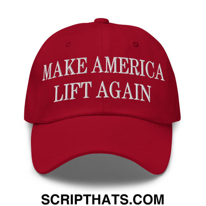 Red embroidered unstructured dad hat with white make America lift again text for casual wear and workouts