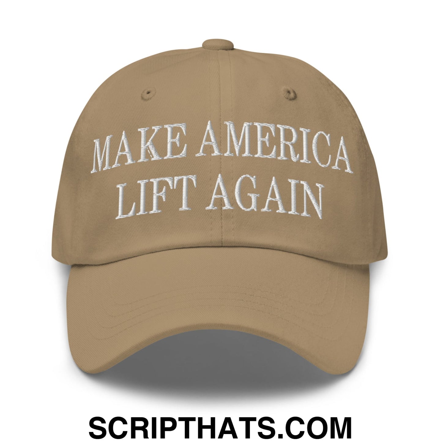 Tan unstructured dad hat with white embroidered make america lift again text, perfect for casual wear