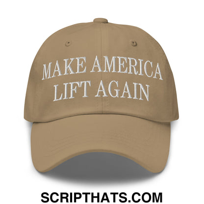 Tan unstructured dad hat with white embroidered make america lift again text, perfect for casual wear