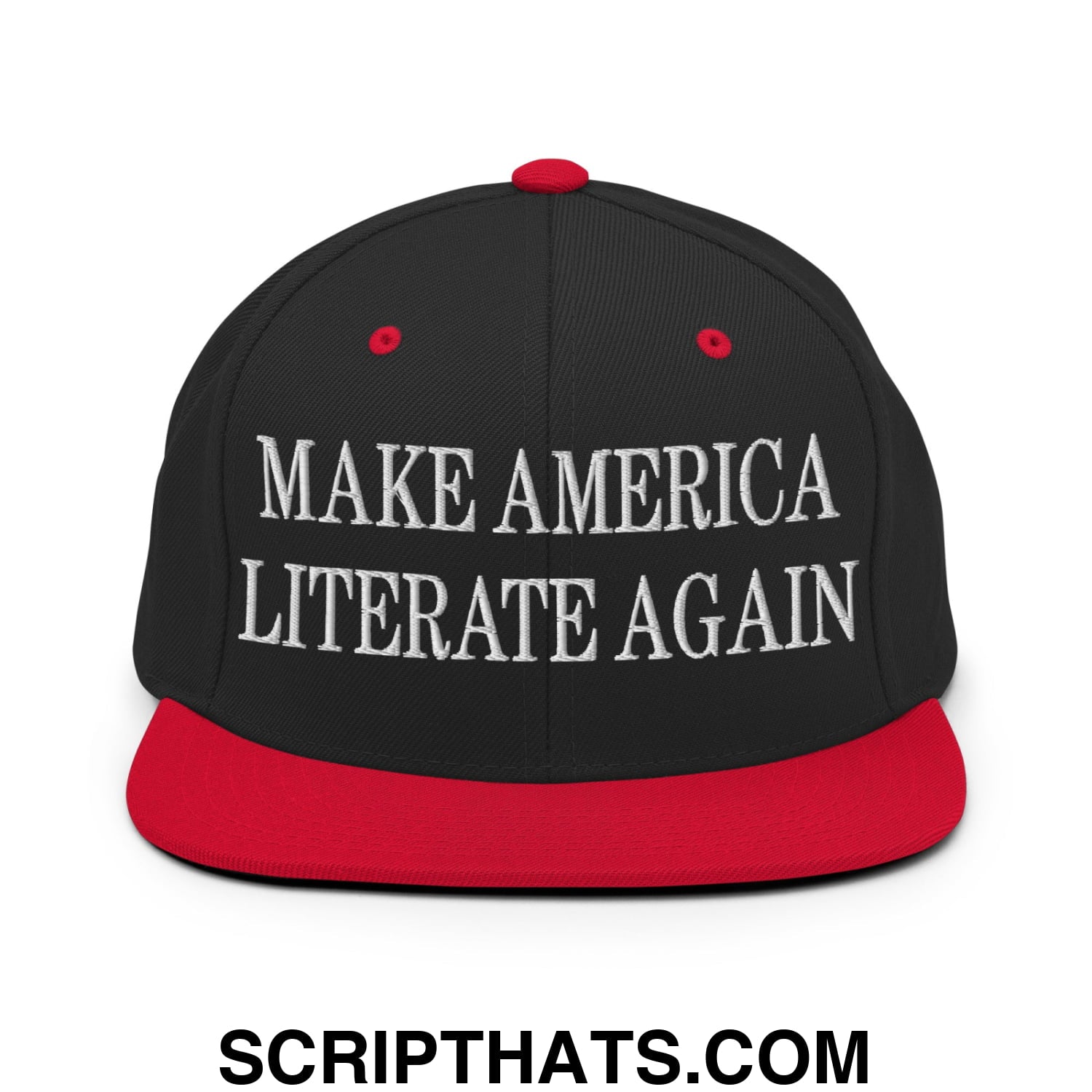 Black and red flat bill snapback hat with white embroidered make America literate again text for casual wear
