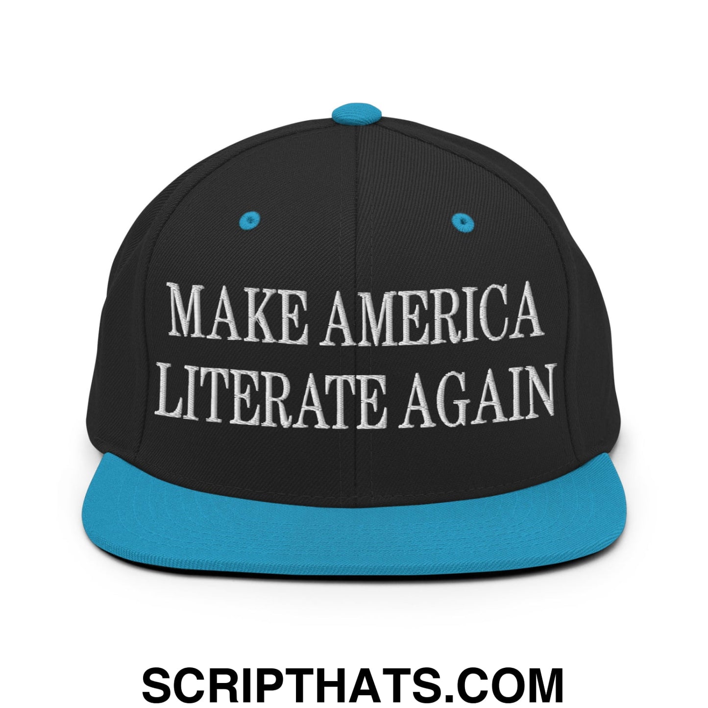 Black snapback cap with teal brim and button featuring white embroidered text make america literate again