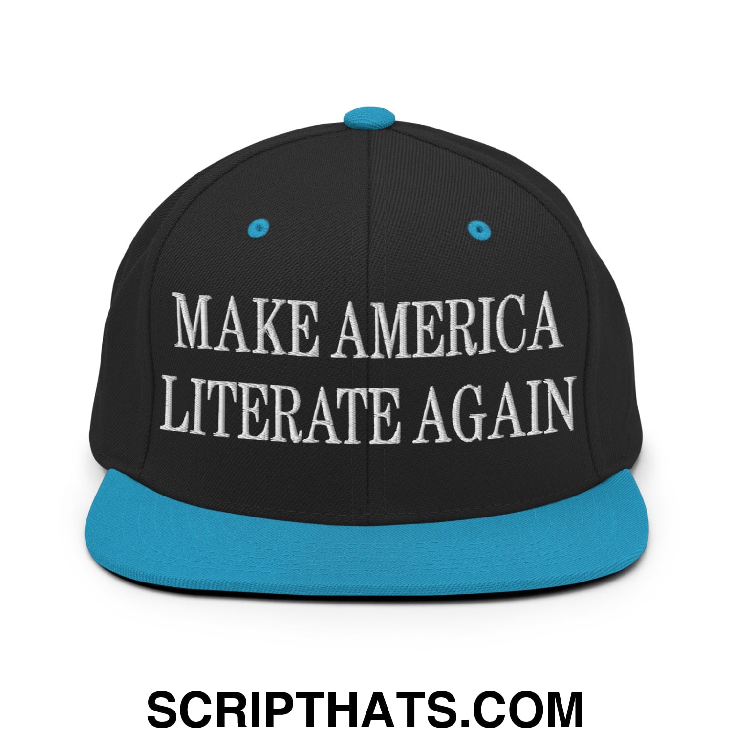 Black snapback cap with teal brim and button featuring white embroidered text make america literate again