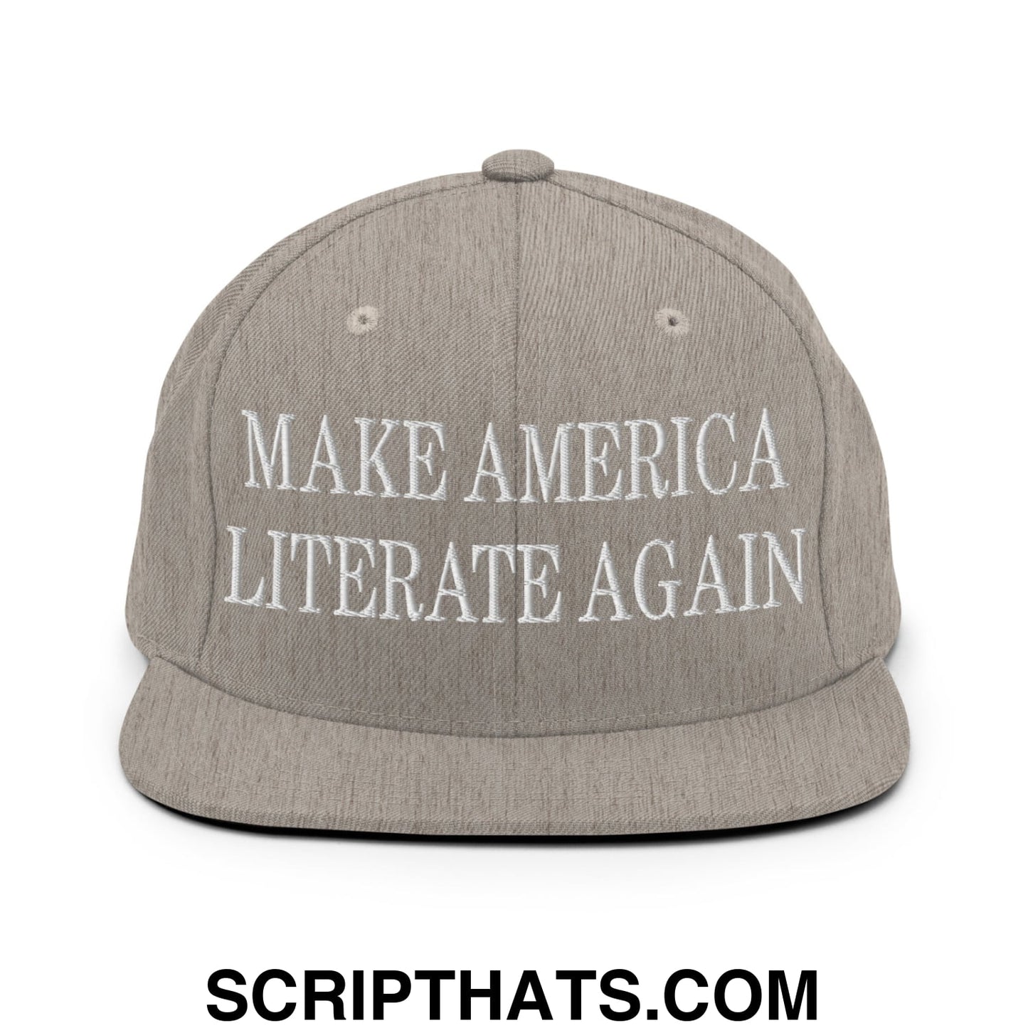Gray snapback cap with white embroidered text make america literate again and flat bill brim design