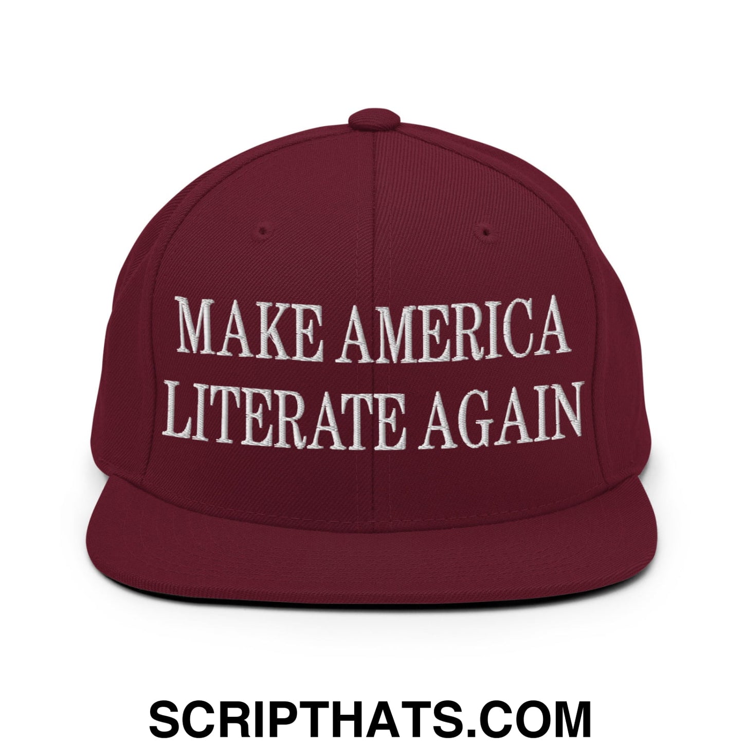 Maroon snapback cap with white embroidered text make america literate again flat bill brim for casual wear