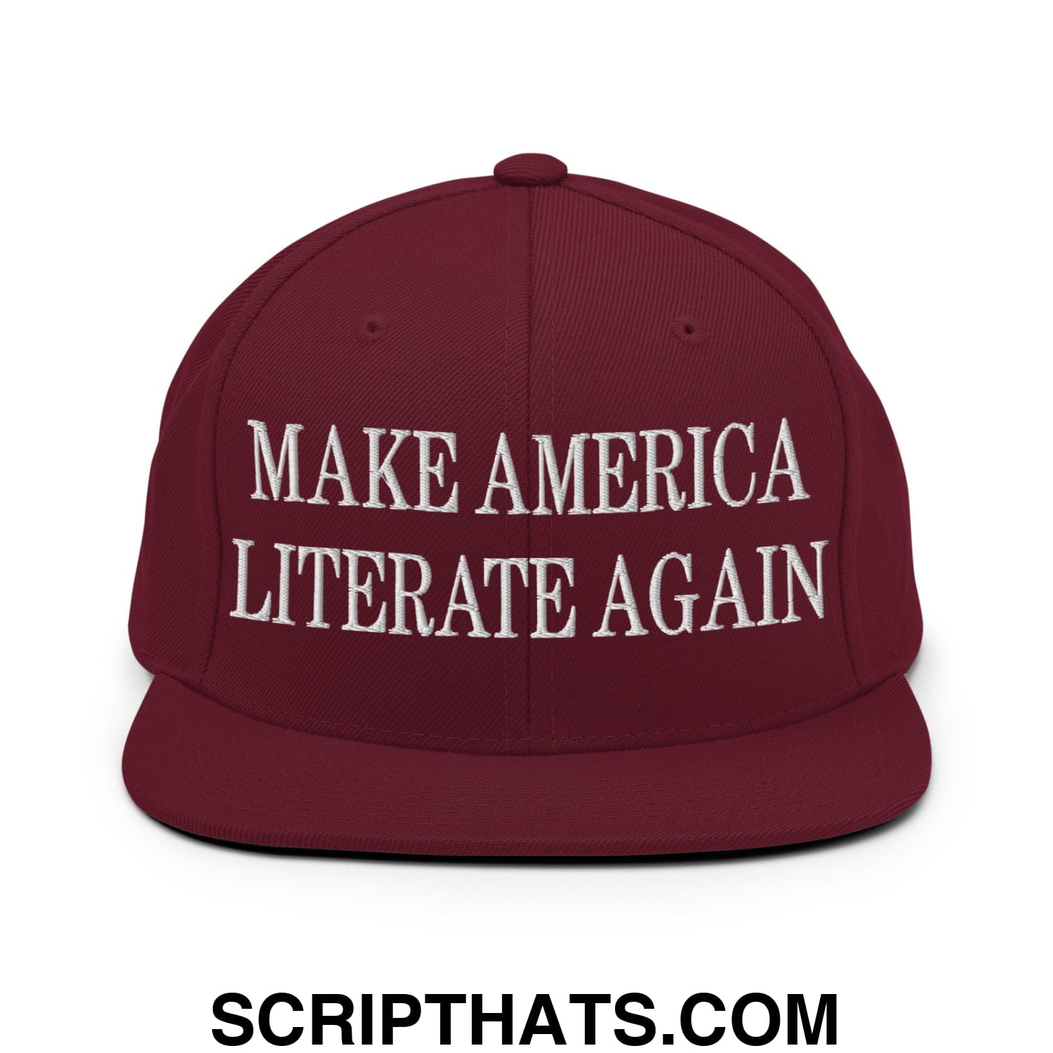 Maroon snapback cap with white embroidered text make america literate again flat bill brim for casual wear
