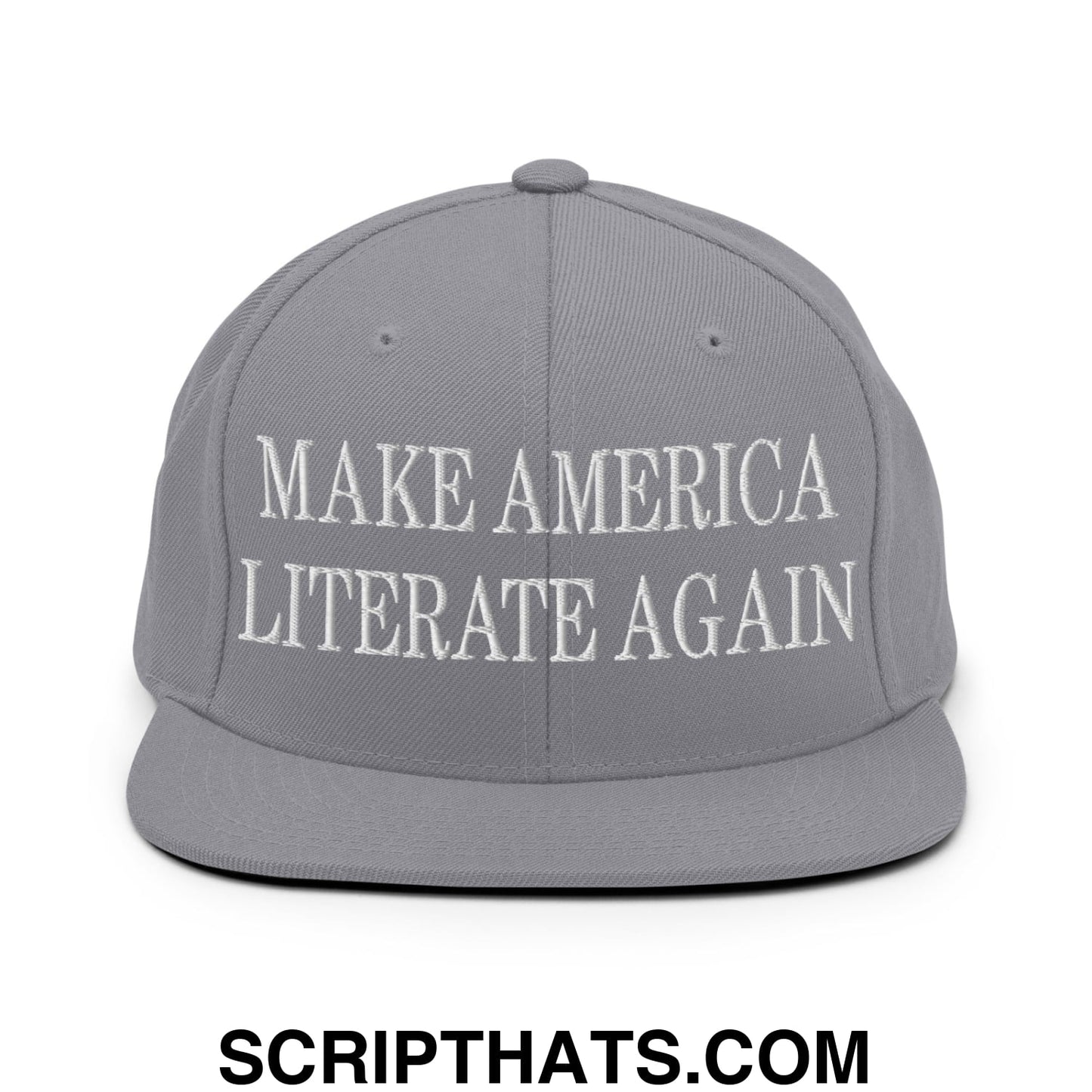 Gray flat bill snapback hat with white embroidered text make America literate again for casual wear