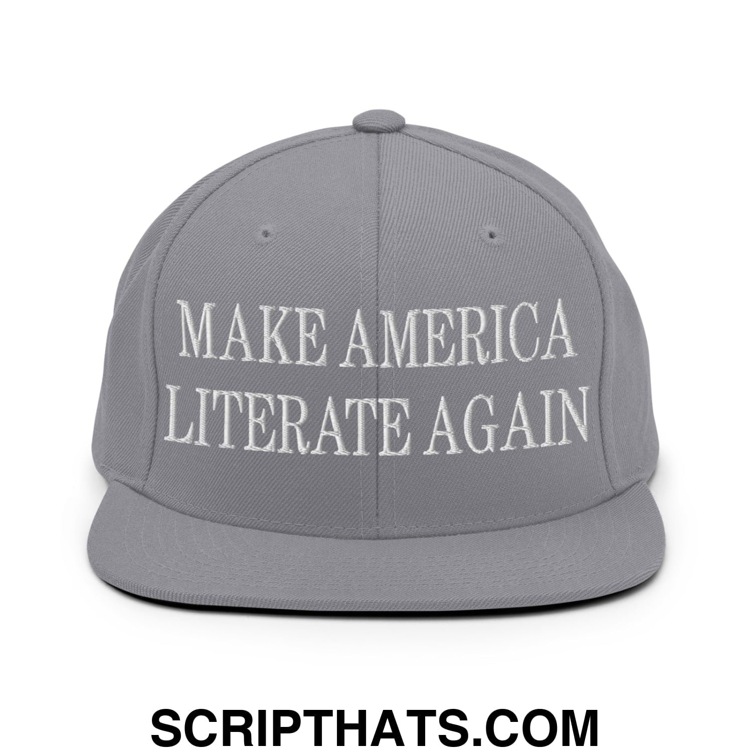 Gray flat bill snapback hat with white embroidered text make America literate again for casual wear