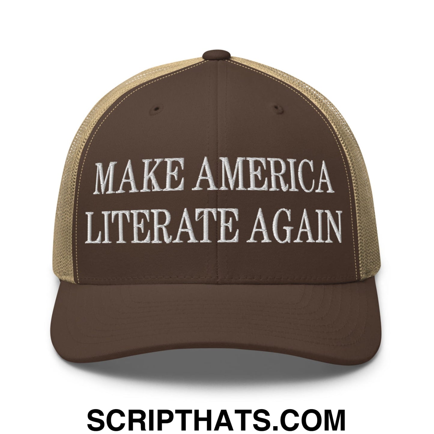 Brown and tan mesh trucker hat with white embroidered make america literate again text for casual wear