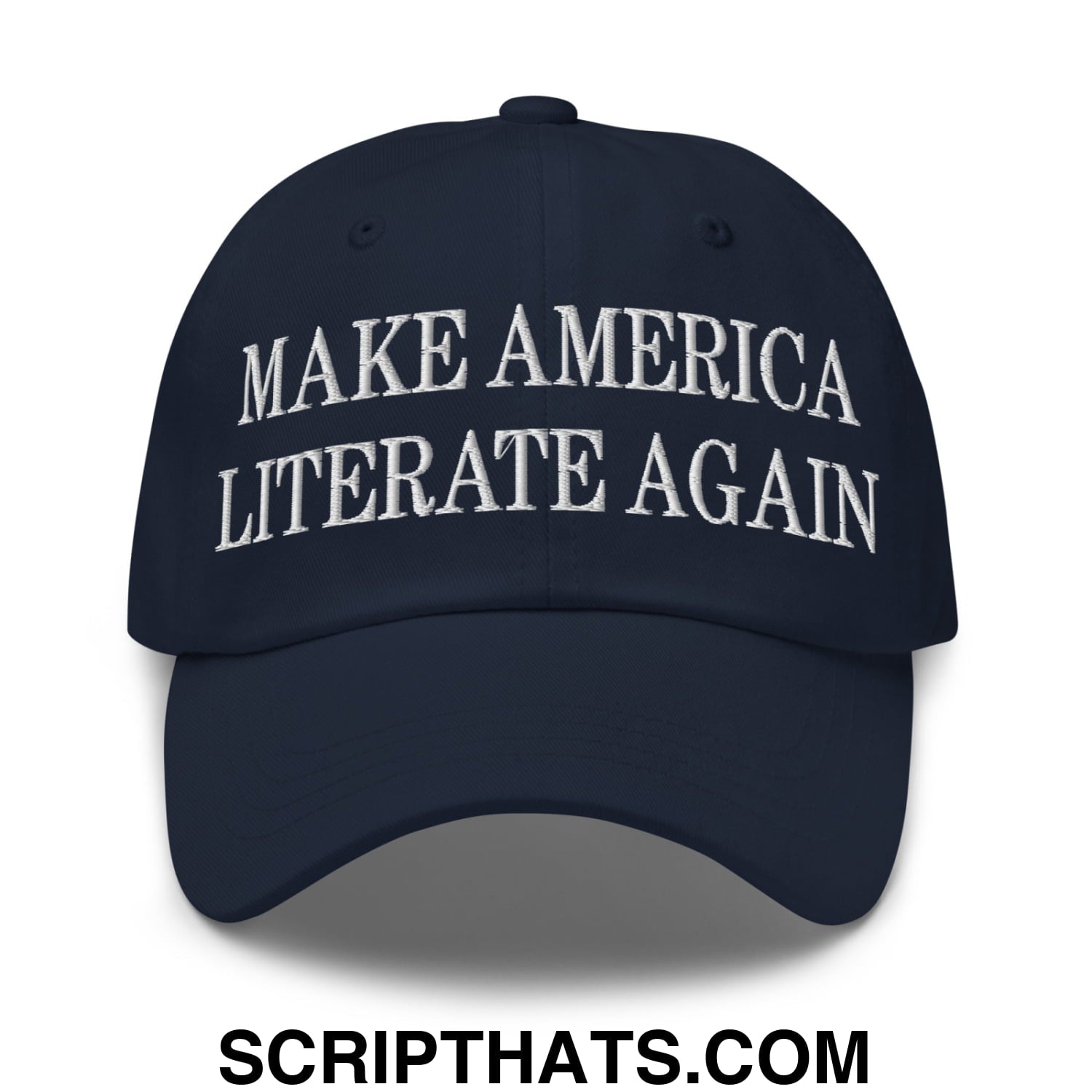 Navy blue unstructured dad hat with white embroidered text make america literate again for casual wear