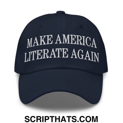Navy blue unstructured dad hat with white embroidered text make america literate again for casual wear